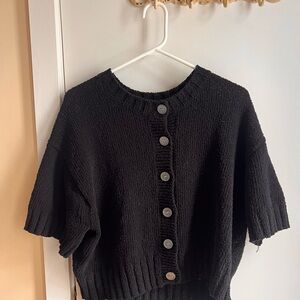 J.Crew Black Short-Sleeve Button Front Cardigan | Chunky Knit | Size L
